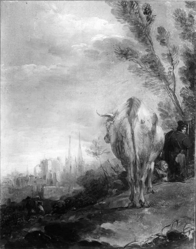 Paesaggio con contadini e città sullo sfondo